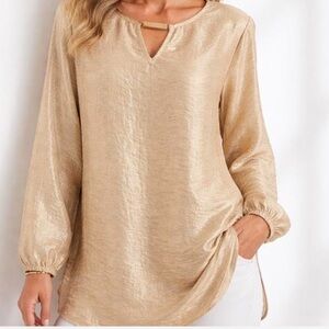 Chico's Metallic Gold Keyhole Long Sleeve Blouse